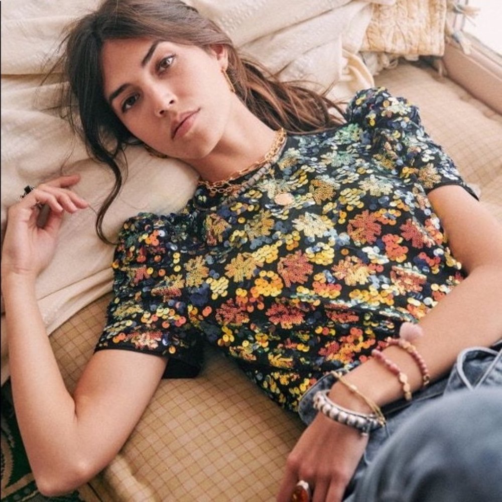 Sezane Kate Sequin Short Sleeve Top Sz 34